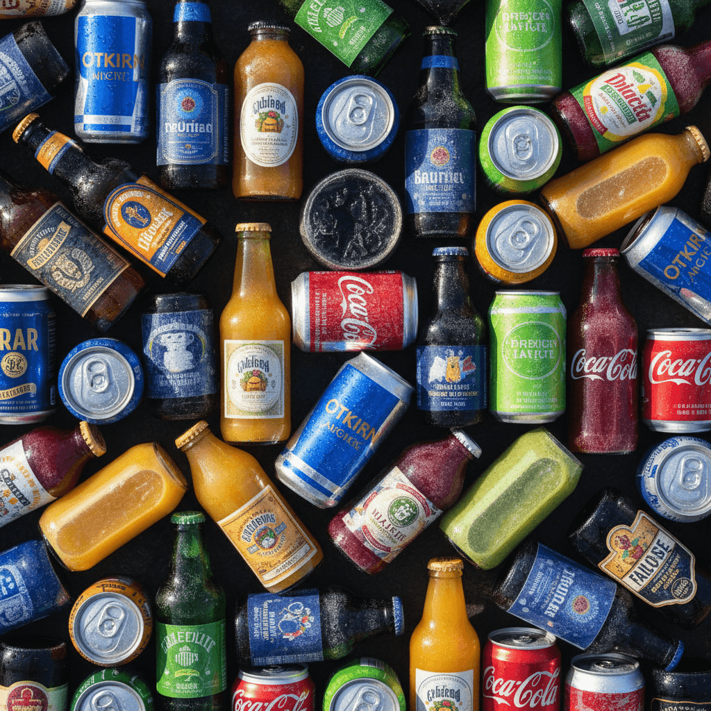 Overhead arrangement of diverse beverage bottles and cans showing varied drink selection and colorful packaging