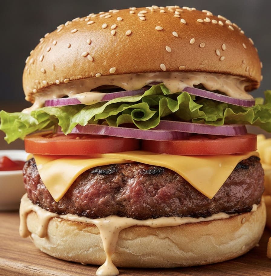 Gourmet cheeseburger with thick beef patty, fresh vegetables, and dripping sauce on sesame seed bun.