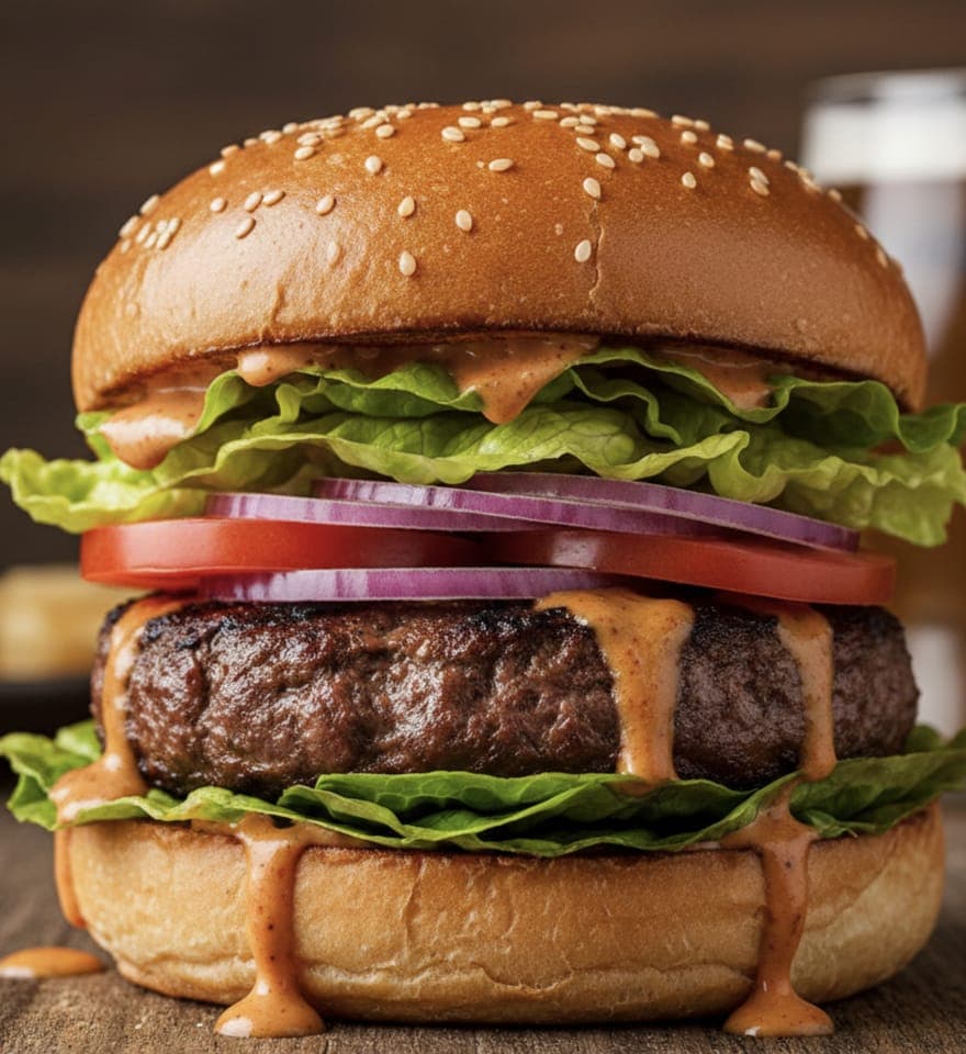 Thick beef burger with lettuce, tomato, onion, and creamy sauce dripping from a sesame bun.