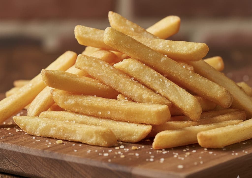 Crispy golden French fries sprinkled with coarse salt on a rustic wooden board.