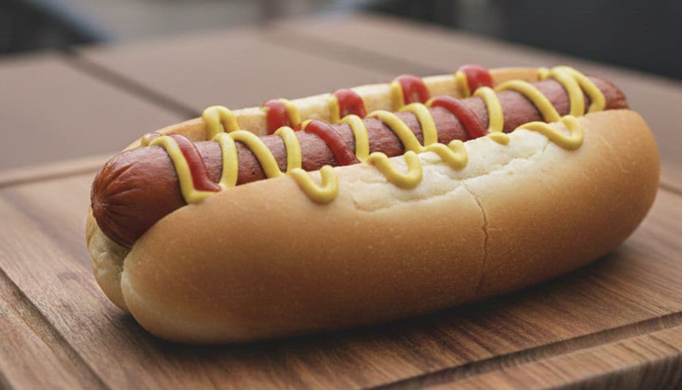 Grilled hot dog in a bun with mustard and ketchup swirls on wooden board.