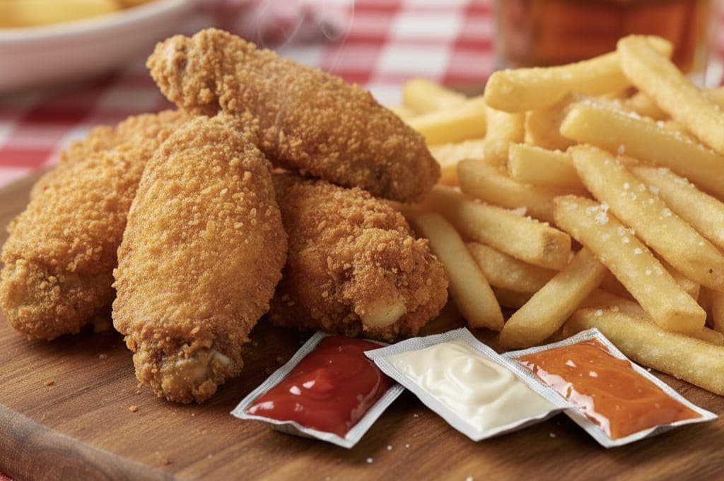 Crispy breaded chicken wings and french fries with three dipping sauces on a wooden board.