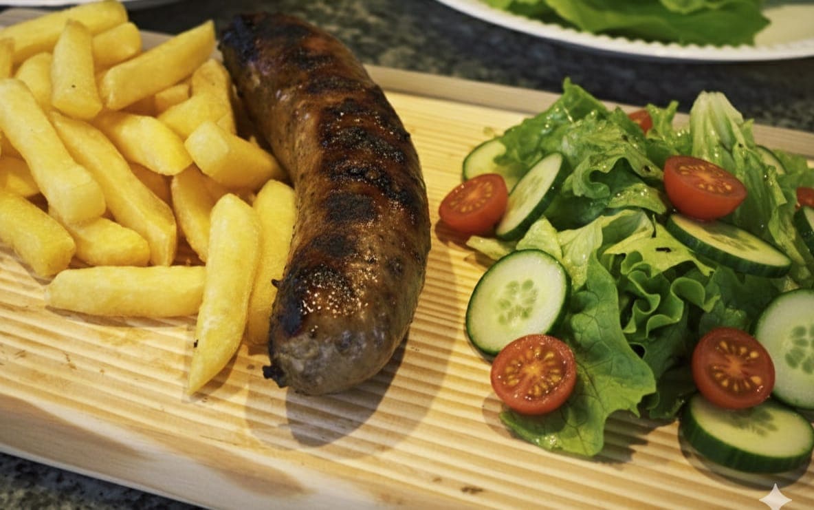 Charred grilled sausage, golden French fries, and a fresh garden salad on a wooden board.